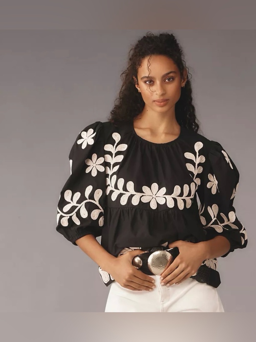 NWT Anthropologie Embroidered Blouse SP Black Floral Cotton Puff Sleeve